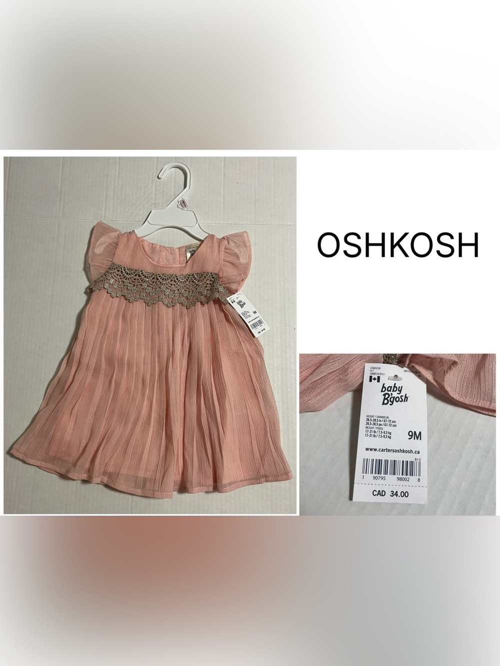 OSHKOSH - 9M - NWT - INFANT GIRLS PINK / SILVER CHIFFON DRESS